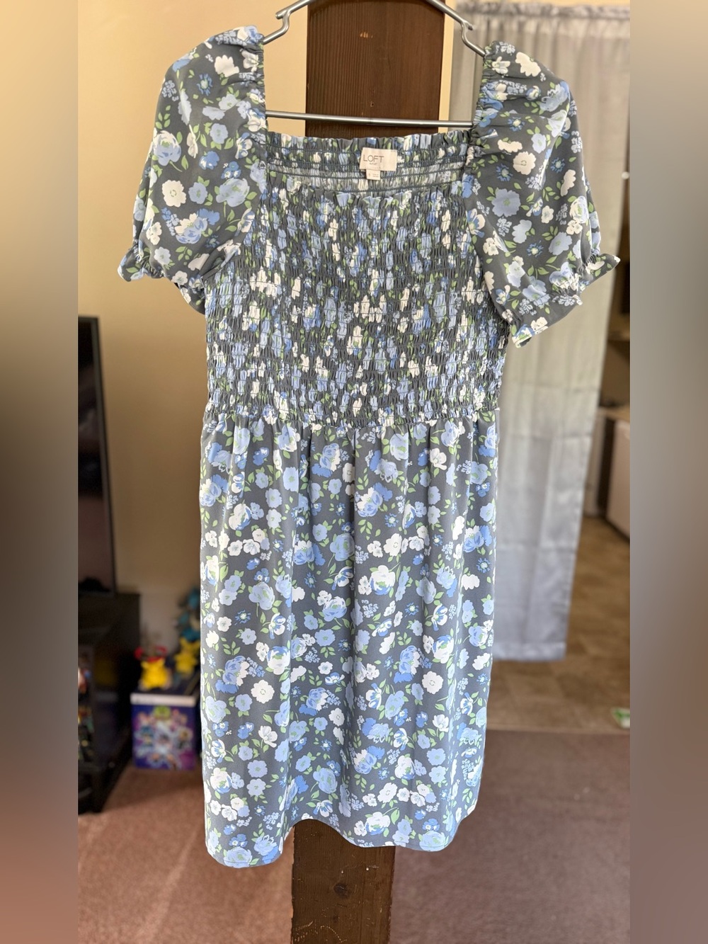 LOFT Outlet Gray Floral Smocked Dress with Blue and Green Accents